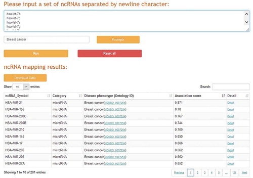 Figure 7. The web interface of the ncRNA prioritization application.