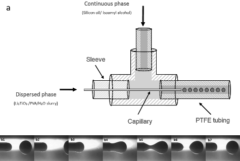 Figure 1. (a) Schematic diagram of the capillary-based microfluidic device; (b1)–(b7) snapshots of the droplet formation at the outlet of the capillary tube (flow rate of continuous phase: 150 µL min−1, flow rate of dispersed phase: 5 µL min−1).