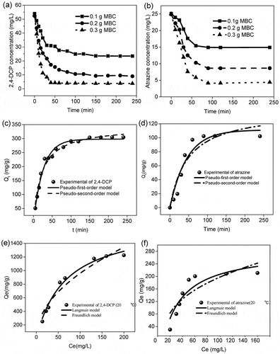 Figure 5. Adsorption kinetics for the 2,4-DCP (a) and atrazine (b) on MBC. Results of fitting experimental data to the first-order, the pseudo-second-order for the 2,4-DCP (c) and atrazine (d). Adsorption equilibrium isotherms for the 2,4-DCP (e) and atrazine (f). Initial concentration range, 20–200 mg L−1; temperature range, 10–30ºC; adsorbents dosage, 0.05 g; working volume, 50 mL; contact time, 24 hr.