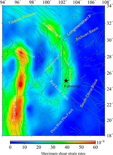 Figure 6. Spatial contour map of maximum shear strain rates in southeastern Tibetan Plateau.