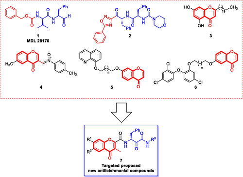 Figure 1. Chemical structures of cysteine protease inhibitors with potential antileishmanial activity and the design rational of chromone-peptidyl hybrids as new antileishmanial agents.
