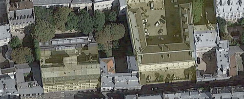 Figure 1. The highlighted building on the left is an educational institute and the one on the right is a government building. These two classes could be difficult to distinguish using only remotely sensed imagery. Source: Imagery from Google Maps of an area in the city of Paris.