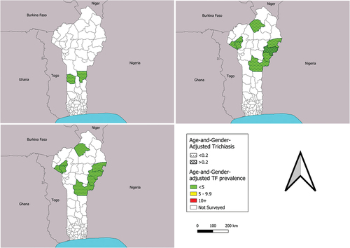 Figure 1. Prevalence of trachomatous inflammation—follicular (TF) and trichiasis at (a) baseline, (b) impact and (c) surveillance surveys conducted in Benin, 2018–2022. The boundaries and names shown and the designations used on this map do not imply the expression of any opinion whatsoever on the part of the authors, or the institutions with which they are affiliated, concerning the legal status of any country, territory, city or area or of its authorities, or concerning the delimitation of its frontiers or boundaries.