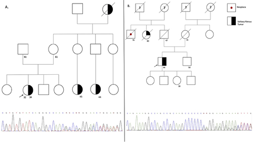 Figure 4 The figure represents the pedigree of each participant, which is correlate in Table 1. The symbols for each neoplasia type are stated (B) on the right side for (A and B). The arrow represents the proband, the line crossing the symbol represents the dead status, the unique number represent current age, and symbols with two numbers represent the current age and age of diagnosis. On the bottom of the figure the sanger sequencing showing the variant encoding the MUTYH gene for all the families is stated.