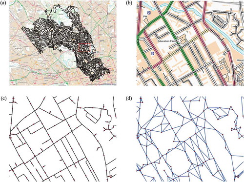 Figure 1. Construction of the dual representation of a street network. This example shows a section of the Camden network. (a) The original street network map, as obtained from Integrated Transport Network dataset produced by Ordnance Survey. (b) Map zoomed to the section highlighted in red and background map image removed. (c) Nodes placed at the midpoints of streets. (d) Links added between all pairs of connected streets, with original street network removed.