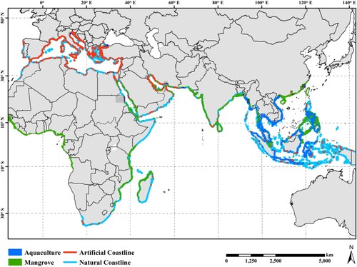 Figure 1. The geospatial data produced by the DBAR_COAST WG in 2020 (coastline, mangrove and aquaculture pond).