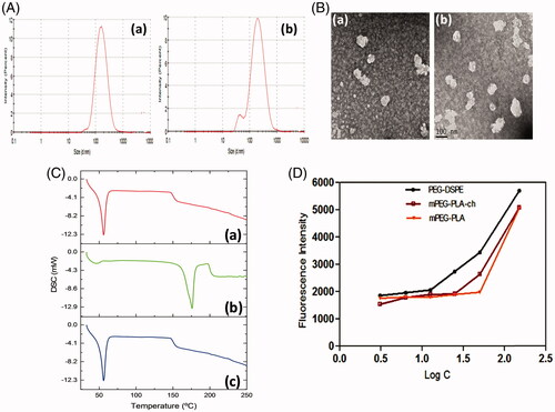 Figure 2. Physicochemical characterization of polymeric micelles. A. Particle size distribution of mPEG–PLA-Ch (a) and CUR-mPEG–PLA-Ch micelles (b) measured by light scattering method; B. Transmission electron micrograph of the mPEG–PLA-Ch (a) and CUR-mPEG–PLA-Ch micelles (b); C. Differential scanning calorimetry thermograms of the CUR-mPEG–PLA-Ch (a), free CUR (b), and mPEG–PLA-Ch (c); D. Determination of critical micelles concentrations of mPEG–PLA-Ch compared to PEG-DSPE.