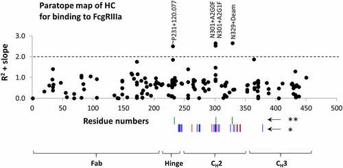 Figure 8. Paratope map of heavy chain on mAb1 for binding by the aglycosylated FcγRIIIa receptor immobilized in affinity column. R2 + slope of modification percentages versus fraction number in collected affinity chromatography fractions were used as y-axis, and amino acid residue numbers as x-numbers. The residue numbers are 4 higher relative to EU numbering. *Residues impacting binding according to Shields et al. 2001. Mutations at these residues decreased (blue) and increased (red) binding to FcγRIIIa. **Residues with modifications increasing and decreasing binding to FcγRIIIa as measured in this study