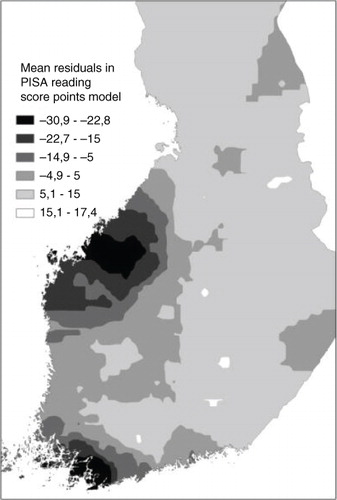 Figure 2. A residual (the difference between actual scores and predicted scores) map of Finland, produced with the Kriging method