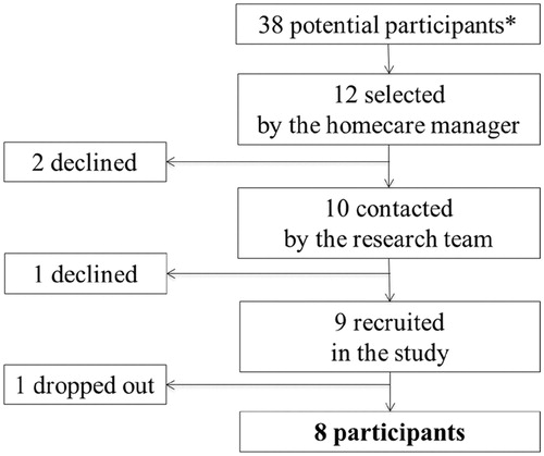 Figure 1. Flow diagram of participants’ recruitment. *Job titles of potential participants in HSSC interdisciplinary teams: 15 homecare aides, 8 social workers, 4 physical rehabilitation therapists, 6 clinical nurses, 2 nurse technicians, 2 auxiliary nurses and 1 physiotherapist.