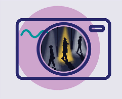 Fig. 2 An illustration from the online Ethos Lifecycle tool (in development) of the concept of positionality inside of a metaphorical camera lens. Image: Anika Cruz and Eva Newsom.