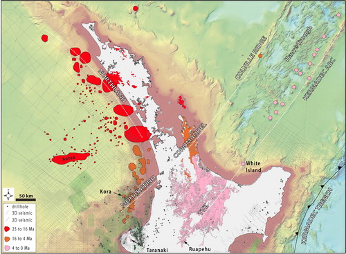 Figure 7. Simplified map showing the distribution of Miocene-Quaternary subduction-related volcanoes onshore and offshore the North Island of New Zealand. Coloured polygons show the location and age of volcanoes mapped in seismic data, while dots correspond to dredged samples of volcanic origin or the location active volcanoes shown in the Global Volcanism Programme webmap. White dashed lines show the trends of subduction-related volcanoes by age groups. Note a progressive younging in the age of the volcanoes from NW to SE. Aotea volcanic complex has a representative dredge sample comprising a basalt with an Ar/Ar date of 22.5 Ma (Mortimer et al. Citation2018), indicative of intraplate origin. See discussion and Supplementary Material 5 for more details. Mapping of the offshore volcanoes was combined with information from Herzer (Citation1995), Hayward et al. (Citation2001), Mortimer et al. (Citation2010), Giba et al. (Citation2013), Seebeck et al. (Citation2014) and GNS Geological Map (Heron Citation2014). Background image shows a bathymetric map from NIWA (New Zealand Institute of Water and Atmosphere).
