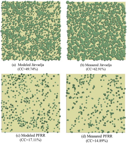 Figure 5. Vertical view of (a) the modeled forest stand, and (b) the measured stand at the Järvselja site; (c) the modeled forest stand and (d) the measured stand at the PFRR site. CC, crown coverage.