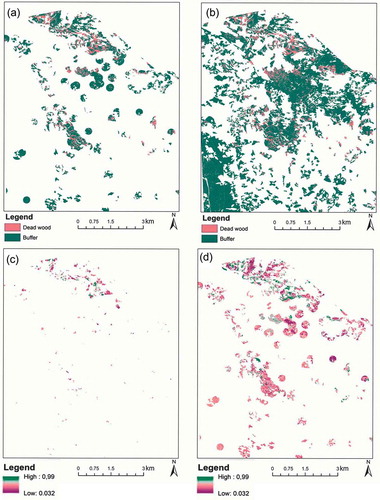 Figure 9. Examples of random forest maps of predicted classes and their classification probabilities. (a) Polygon-based classification, (b) wall-to-wall classification, (c) polygon-based classification probability of dead tree class, and (d) polygon-based classification probability of buffered zones. For clarity, all maps show only a subset of the entire study site.