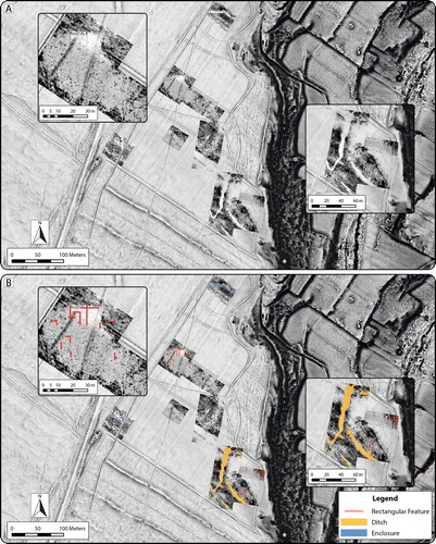 Figure 7. Results of GPR survey at Guletta, showing a composite depth slice at 1–1.5 m below modern ground surface. A) Radargram depicting features. B) Interpretation of principal pre/protohistoric features visible in the GPR dataset. Insets: Area of potential rectangular feature (left) and area of inner ditches where inner and outer ditches connect (right). Background: 50 cm spatial resolution ALS-derived DTM visualization (Sky-view factor, local relief model and multiple hillshade).