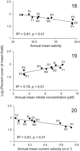 Figs 18–20. Significant linear relationships (P < 0.01) between the percentage cover of maerl thalli observed in the subareas of the Brittany maerl beds (Belle-Ile (B), Trévignon (T1–T2), Glénan (G1–G2), Molène (M1–M2) and Paimpol (P1–P3)) and environmental variables (annual means of salinity, nitrate concentration and current velocity).