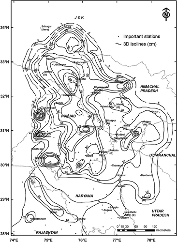 Fig. 9 Three-day isohyetal pattern of the 24–26 September 1988 rainstorm over the Punjab Himalayas and neighbouring regions.