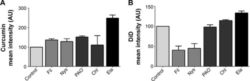 Figure 2 Mechanism of potentiation of antioxidant activity by PLGA-NP.Notes: A549 cells were treated with endocytosis pathway (Fil, Nys, PAO, Chl) or efflux pump (Ela) inhibitors then loaded with free curcumin (A) or PLGA/DiD-NP (B). The fluorescence was analyzed by cytometry and results are expressed as mean fluorescence intensity ± SEM.Abbreviations: PLGA, poly-lactic-co-glycolic acid; NP, nanoparticles; DiD, 1,1′-dioctadecyl-3,3,3′,3′-tetramethylindodicarbocyanine, 4-chlorobenzenesulfonate salt; SEM, standard error of the mean; Fil, filipin III; Nys, nystatin; PAO, phenylarsine oxide; Chl, chlorpromazine; Ela, elacridar.