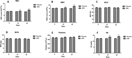 Figure 2. Effect of ARE interventions on important blood parameters, (A) Red blood cell count (RBC), (B) White blood cell count (WBC), (C) Mean corpuscular volume (MCV), (D) Mean corpuscular hemoglobin (MCH), (E) Platelet count, (F) Hemoglobin (Hb). Data n = 8; statistically analysed by Mean ± SEM. **Significantly different from placebo group at p < 0.01, ***Significantly different from placebo group at p < 0.001. ARE: Ashwagandha root extract.