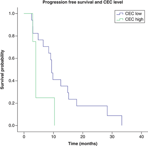 Figure 2. Progression-free survival and circulating endothelial cells.The median progression free survival was 8.94 months for group 1 and 3.95 months for group 2 (p = 0.097). n = 17, group 1; n = 5, group 2.CEC: circulating endothelial cell.
