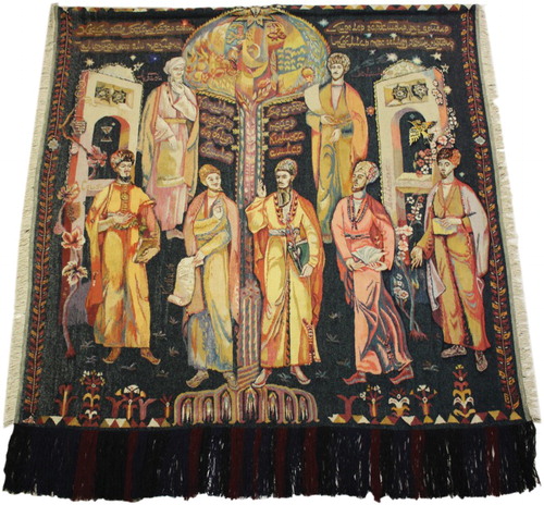 Figure 1. Constellation (Ýedigen). Vera Gylliyeva (1938–). Woven 1982–1985. Wool and cotton, gobelin flat-weaving. 440 × 365 cm. Courtesy of the Fine Arts Museum of Turkmenistan. Registry number: AHS-938 KEK-9369.