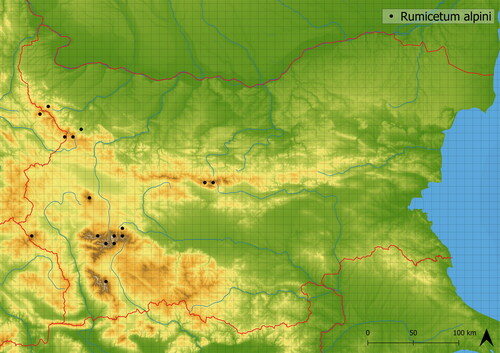 Figure 5. Distribution of Rumicetum alpini in Bulgaria.