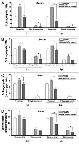 Figure 3. Inhibitory effect of myriocin on sphingolipid synthesis in mouse serum and liver. (A) Ceramide, dihydroceramide, (B) sphingosine-1-phosphate and sphinganine-1-phosphate levels in serum, and (C) ceramide, dihydroceramide, (D) sphingosine and sphinganine contents in liver from melanoma mice with or without myriocin treatment and normal mice (i.d., i.p.) were measured by HPLC. Data are expressed as the mean ± SE of three independent experiments (n = 10, *p < 0.05 and **p < 0.01 vs. the saline control).