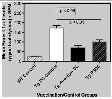 Figure 4. Levels of the pro-inflammatory cytokine IL-1α in brain lysates from PSDC or rh-α− Syn sensitized DC vaccinated mice. Levels of IL-1α in brain lysates are expressed as pg/ml ± SEM. The results indicate that significantly lower levels of IL-1α were measured in the brain lysates from PSDC or rh-α− Syn sensitized DC vaccinated Tg mice than in non-sensitized DC vaccinated Tg controls. IL-1α levels are also provided for WT (wild type) control mice (i.e., WT Control).