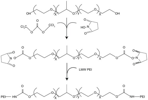 Figure 1 Synthetic scheme of Pluronic®-g-polyethylenimine (Pluronic-g-PEI).Abbreviation: LMW, low-molecular-weight.