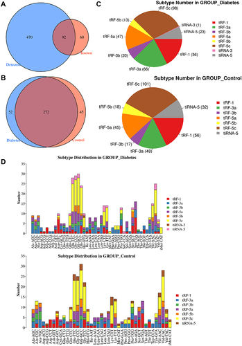 Figure 1 Identification of tsRNAs by small RNA sequencing. (A) Venn diagram based on the number of identified tsRNAs. (B) Venn diagram based on the number of commonly expressed and specifically expressed tsRNAs in the diabetes and control groups. (C) Pie chart of the distribution of subtype tsRNAs in the diabetes and control groups. (D) The number of subtype tsRNAs against tRNA isodecoders.