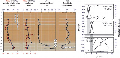 Fig. 5. Luminescence profiles for the bank appraised at Fairnley (High Fairnley). See Fig. 4. Also shown are the equivalent dose distributions for samples CERSA203, 204, and 205. See also Supplementary Material (online) (Note 1).