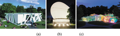 Figure 6. Serpentine Pavilions as an emphasis on the curtain and surface surrounding the body of a structure (a) Ito (2002); (b) OMA (2006); (c) SelgasCano (2015).