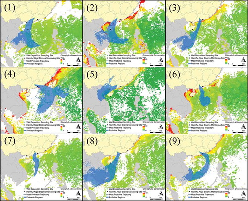 Figure 3. Airmass pathways and marine biomasses of the nine over 50 mm rain events (the numbers correspond to those in Table 1).