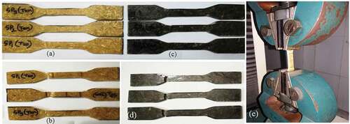 Figure 2. Tensile test: (a) specimens of jute and BNH fibers composite and (b) specimens after tensile test; (c) specimens of human hair, jute and BNH fibers composites and (d) specimens after tensile test; (e) specimen in Instron UTM.