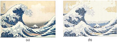 Figure 7. Using “The Great Wave off Kanagawa” by Katsushika Hokusai (1831) as a target image (a) can produce the mosaic in (b) created entirely with emojis using the CIELAB color space.