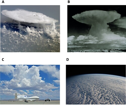 Fig. 1 Photos of cloud systems. (A) A mesoscale convective system over tropical continent. (B) A thunderstorm over tropical ocean. (C) Fair weather cumulus clouds over land. (D) Stratocumulus clouds over ocean. [Courtesy of NASA].