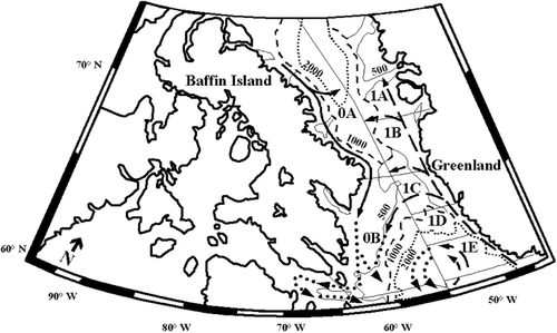 Figure 1 Map of North Atlantic Fisheries Organization (NAFO) management areas within Baffin Bay and Davis Strait. Data used for analysis were collected from 0A, 1A, 0B, 1C, and 1D between 2000 and 2004. Of the current flows through NAFO management areas within Baffin Bay and Davis Strait, dashed arrows represent warmer waters of the West Greenland Current, solid arrows indicate colder waters of the Polar Current, and dotted arrows represent the moderate Labrador Current.