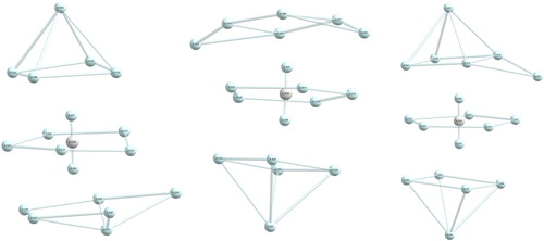 Figure 18. Three structural isomers of the HHe18+ complex, [41,1,s–5–14]-HHe18+ (left), [41,1,a–5–14]-HHe18+ (middle), and [141–5–14]-HHe18+ (right), with Mulliken charges, obtained at the aug-cc-pVTZ RHF level, given on the atoms (H is white, He is light blue).