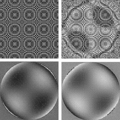 Figure 2 Reconstruction steps: 1. Reconstruction of diffractive micro lens array alone (top left); 2. Reconstruction of the superposition of object and diffractive micro lens array (top right); 3. Elimination of the diffractive micro lens array phase (bottom left); 4. Backward propagation of the reconstructed complex field into the object plane (bottom right).