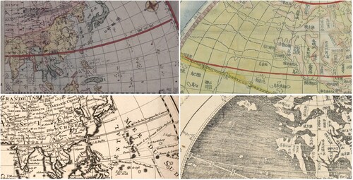 Fig. 4. Clockwise from upper left: Shiba Kōkan, Chikyū zenzu 地球全圖 (Complete map of the globe), 1792, Main Library, Kyoto University, 6-05/シ/1貴別; Zhuang Tingfu, Da Qing tongshu zhigong wanguo jingwei diqiushi fangyu gujin tu 大清統屬職貢萬國經緯地球式方輿古今圖 (Terrestrial map of then and now of the myriad countries belonging and bringing tribute to the Great Qing in the form of a globe with longitudes and latitudes), 1800, Bibliothèque nationale de France, Cartes et Plans, GE C-5354 (RES); Ch'oe Han-gi and Kim Chŏngho, [world map], 1834, Seoul National University, Kyujanggak Institute for Korean Studies, 古4709-15; Library of Congress, Geography and Map Division, Nicolas Sanson, Mappe-monde dressé sur les observations de mrs. de l'Academie royale des sciences et quelques autres et sur les memoires les plus recens, c. 1696, Library of Congress, Geography and Map Division, G3200 1696 .S3. Dotted lines cross the oceans on all four maps, but while on Sanson’s map the lines are labelled with information of explorers who travelled these routes, no such information is recorded on the three Asian maps. All images in the public domain.