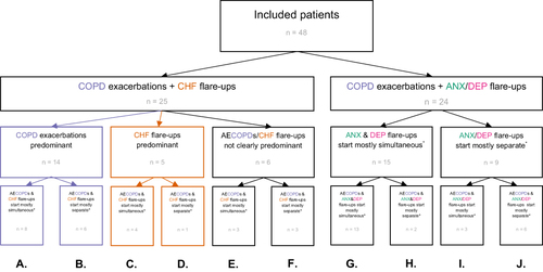 Figure 1 Flowchart reflecting patient inclusion and the categorization of AECOPD and comorbid flare-up patterns over one year follow-up*.
