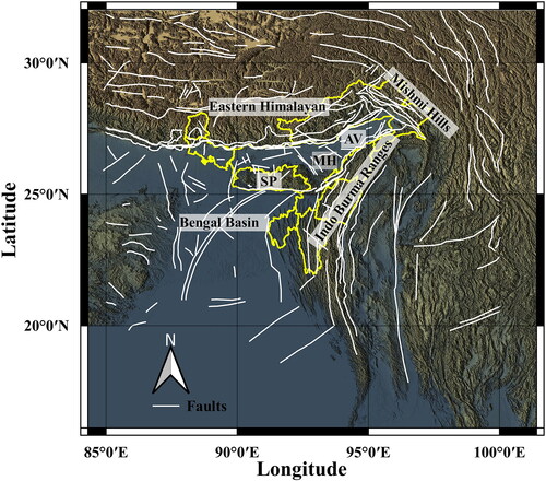 Figure 1. Significant tectonic regions in and around of NE India (AV-Assam Valley, MH- Mikir Hill, SP- Shillong Plateau).