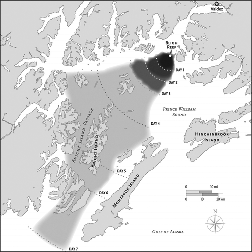 Figure 1 The area affected by the Exxon Valdez oil spill. The oil spread under calm conditions by gravity until late on day 3, when a storm carried the oil to the southwest (Galt et al. Citation1991). The storm also increased the amount of oil that evaporated and that was forced into solution, while converting much of the surface oil to an oil-in-water emulsion (mousse). Following the storm, most of the oil on open water was in a thin layer that was a few microns thick.