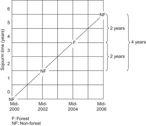 Figure 2. Lexis diagram of sojourn time in a land cover class. Sojourn time is the time that a cell remains in a land class. In this example, a forest pixel appears in 2004 sojourning in this state between 2 and 4 years. This short time for forest secondary growth was corrected and the pixel was considered as non-forest throughout the observations. During the classification process several probable misclassifications were noted, especially in 2000 and 2006. These appeared to be due to water not absorbing totally the near-infrared and mid-infrared wavelengths. This led to confusion locally between moist vegetation and water on the one hand, and shadows and water on the other hand. To solve this problem, the sequence of land cover over time was examined to alter cells leading to improbable changes. Improbable trajectories involved too little time for some changes to take place, such as water temporarily replaced by forest or reforestation within 2 or 4 years, especially as Alta Floresta is known for its managed pastures (Margulis Citation2004). By analogy with smoothing spatial filters, this correction can be called a temporal filter. Systematic identification of improbable trajectories was done with the Lexis diagram of calendar year versus sojourn time in a land cover class. For a use of sojourn times, see Soares-Filho et al. (Citation2004); for a use of a correction in high temporal resolution images, see de Barros Ferraz et al. (Citation2005).
