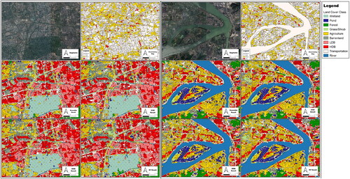 Figure 10. Magnified view of results in urban (left) and rural (right). It shows image segmentation result, uncertainty map and four classification results.