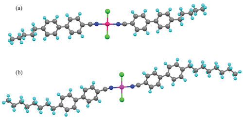 Figure 4. (Colour online) Molecular structure of (a) [PdCl2(5CB)2] and (b) [PtCl2(8CB)2].