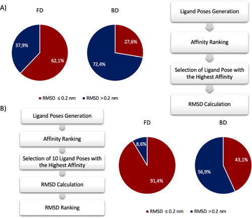 Figure 3. Percentage of poses generated with RMSD lesser and greater than 0.2 nm compared the crystal structure pose using the FRAD and BD method. Results of FRAD methods are shown in the pie chart on the left and results of BD method are shown in the pie chart on the right. Red and blue indicate the poses with RMSD lesser and greater than 0.2 nm, respectively. (A) The comparison has been made considering the poses with the highest affinity value. An accurate ligand conformation has been discovered in 62.1% of cases using FRAD method and 27.6% using BD method. (B) The comparison has been made considering the poses with the best RMSD value between first 10 top poses. An accurate ligand conformation has been discovered in 91.4% of cases using FRAD method and 43.1% using BD method.