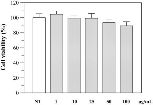 Figure 3. Effect of P. casabonae extract on Caco-2 cell viability after 24 h incubation with the extract at different concentrations. No statistically differences between treated and non-treated (NT) cells were observed.
