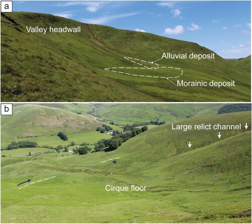 Figure 4. Glacial geomorphology of Hollows 1 and 3. (a) View northwest into Hollow 1, showing the arcuate headwall, moraine deposit, and alluvial deposit. (b) View east from the backwall of Hollow 3. Moraine ridges <2 m high indicated are broken lines and relict channels indicated by blue arrows. White arrows indicate the large, ∼7 m deep relict channel located on the lateral spur between Hollows 3 and 4, which is interpreted as a meltwater channel associated with ice sheet-scale glaciation.