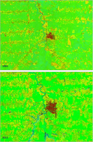 Figure 6. TimeScan–Landsat products of the region around the Brasilian city of Ariquemes, derived from data collected in 1984–1985 and 2013–2015.